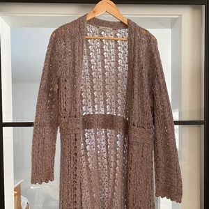 Intuitions Long Lavender Crochet Tie Sweater